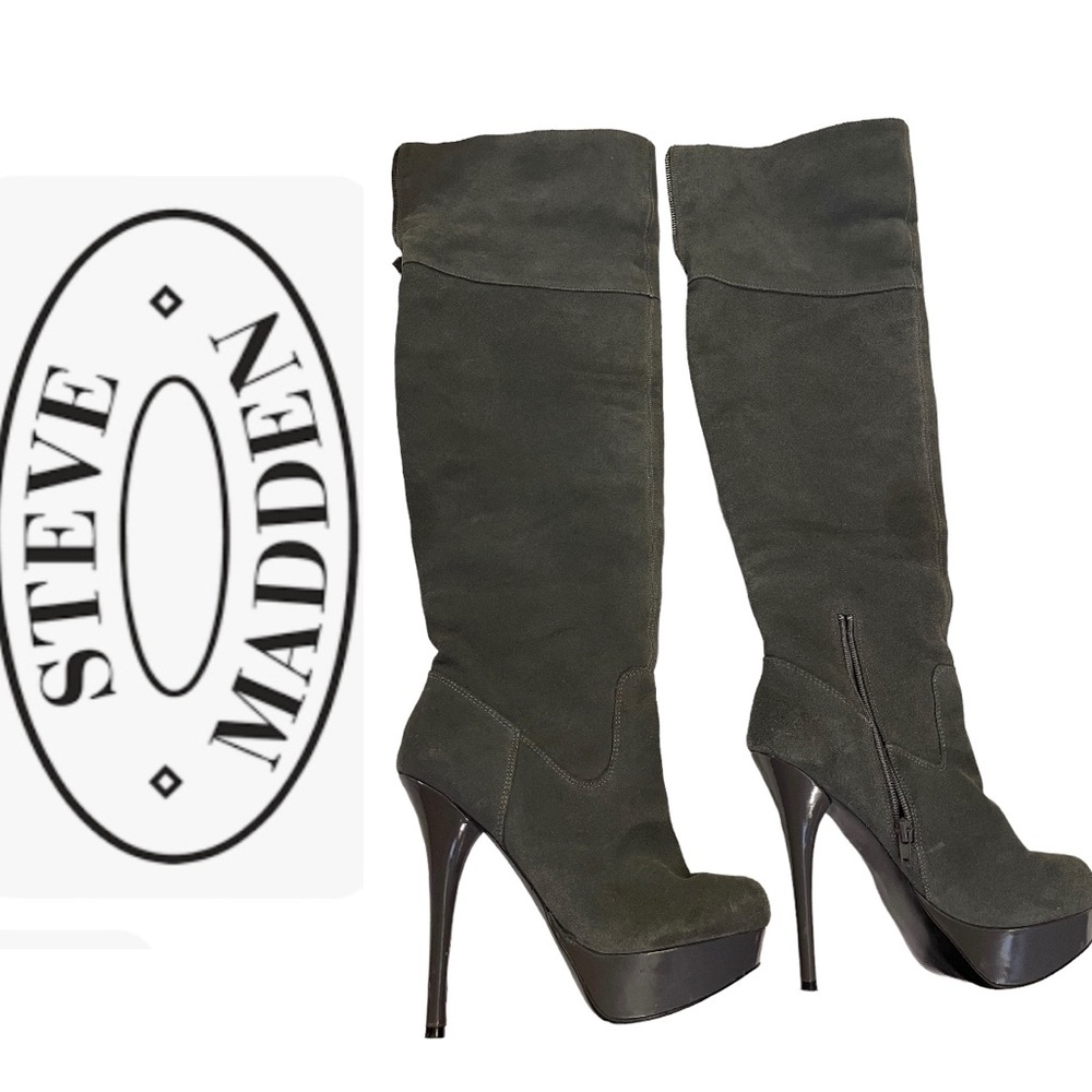 Steve Madden Boots ‘Calgarry’ Vintage Grey Suede Over-the-Knee Platforms - EUC